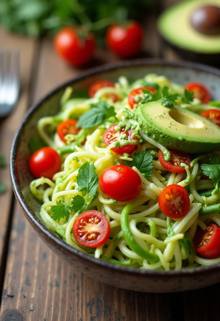 10 Low Carb Vegan Recipes for Fresh Everyday Eating - 1. Zucchini Noodle Salad with Avocado Dressing
